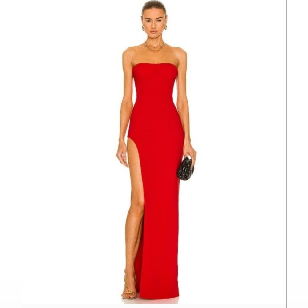 Strapless Red Side-Slit Evening Gown